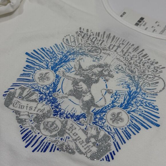 Woman's Express Reign of Hearts Twisted Royalty Sparkle White 3/4 Sleeve Top LG - Picture 3 of 8